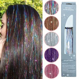 Clip in Hair Tinsel,24 Inches Glitter Tinsel Hair Extensions, Festival Tinsel Fairy Hair Extension Party Dazzle Hair Accessories Strands Kit | Washable,Hair Dryer Availabie,Combs Avaiiabie,Adjustabie Length |Heat resistant under 365°F，For Women Girls Kids