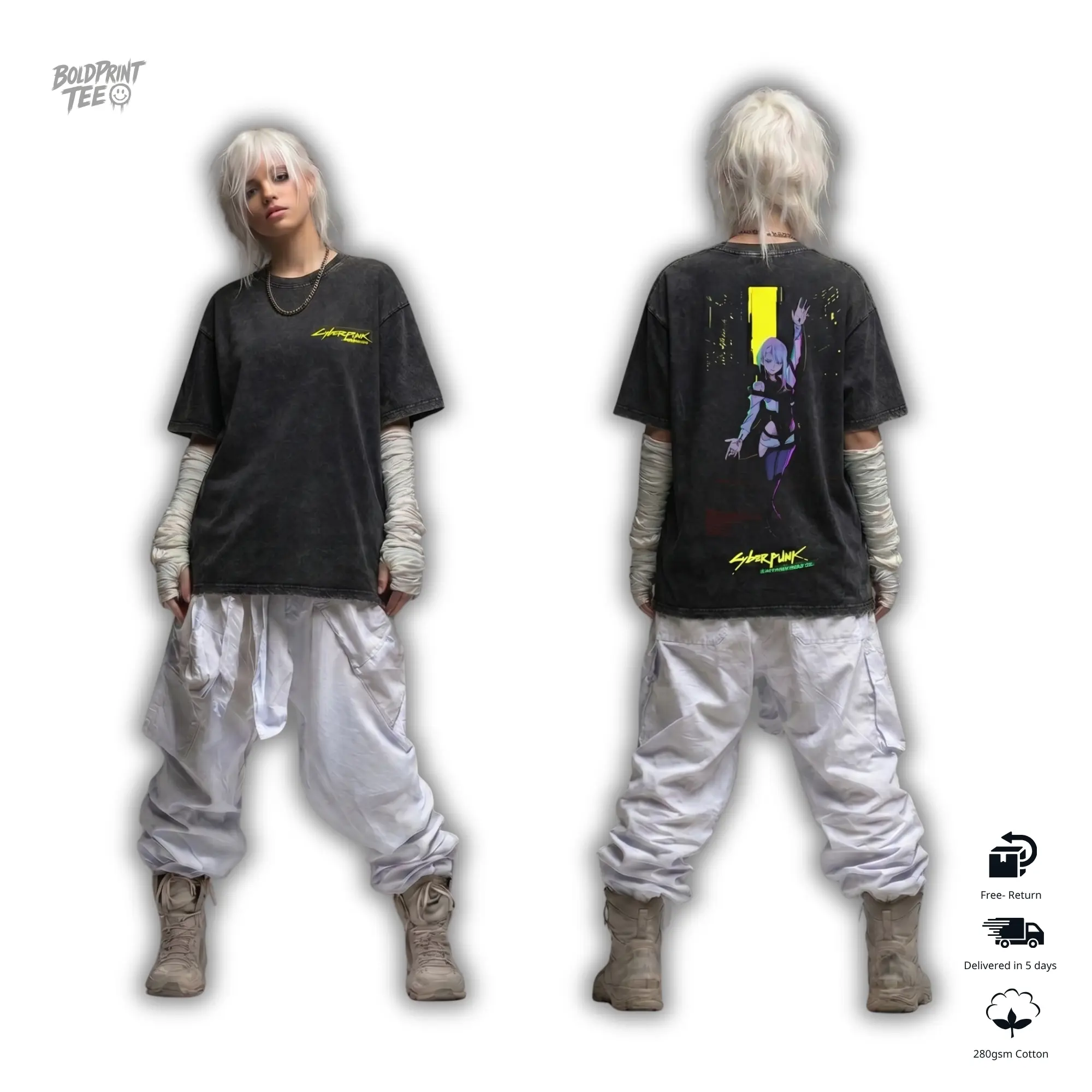 Lucy x Boldprintee Vintage Acid Washed Streetwear T-Shirt, Cyberpunk Anime Oversized Graphic Tee, Heavyweight Cotton Shirt, Gift for Anime Lover and gamer