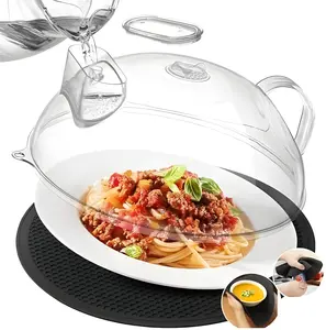 Microwave Splatter Cover with Handle, Clear BPA-Free Food Lid & Steamer Guard, Fits 10" Plates + 12" Mat, Essential Kitchen Gadget