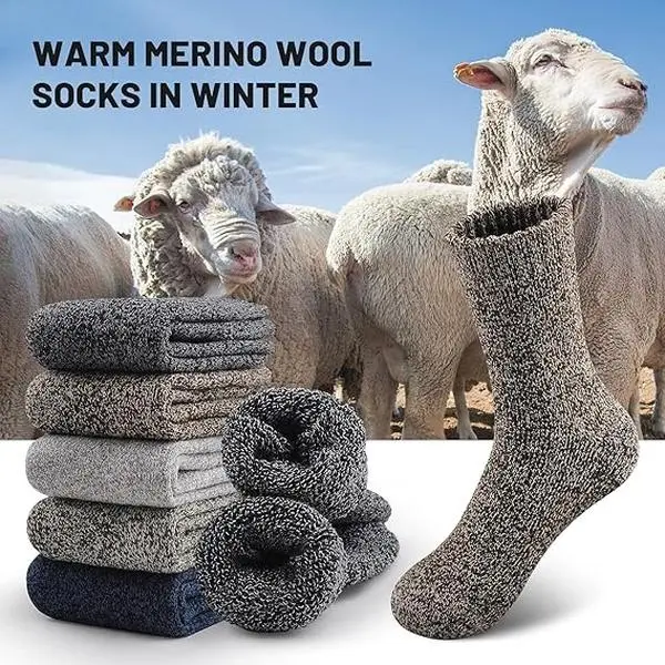 Men's Athletic Socks 5-Pair, Cushioned Merino Wool Crew Socks for Winter Hiking, Thick Thermal Moisture-Wicking with Reinforced Heel & Toe, Athletic Sock