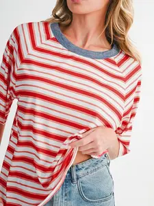 Women's Red Striped Raglan Sleeve Contrast Neck Casual Streetwear T-Shirt, Soft Breathable Fabric, Stylish Fashion Clothes with Trendy Style
