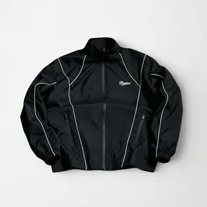 Men’s American retro sports jacket with line paneling and a stand collar, windproof trendy casual outerwear.