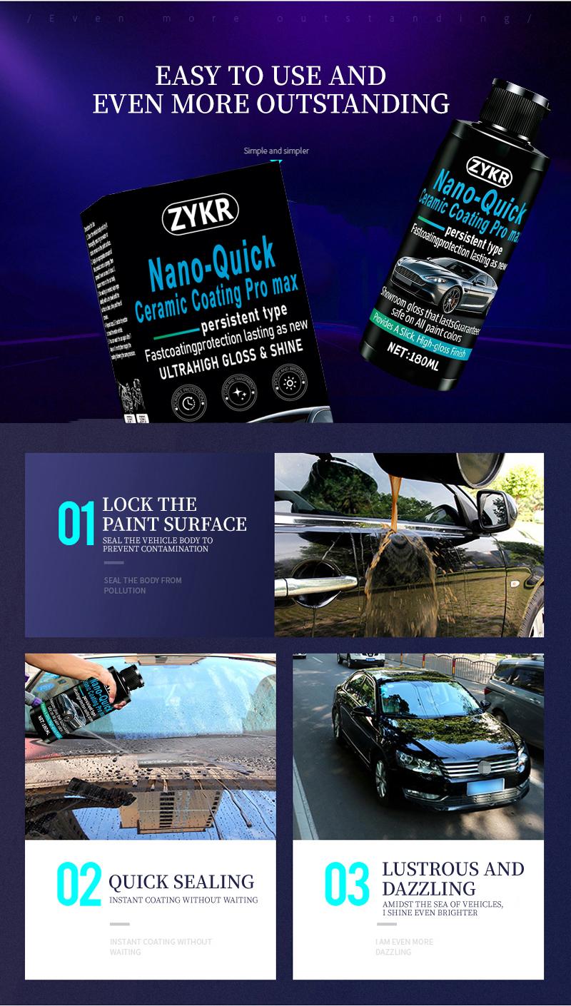 ZYKR Nano-Quick Ceramic Coating Pro MAX  for automobiles, featuring advanced ceramic technology for dust-proof glass effect and lasting luster. 180 ml.