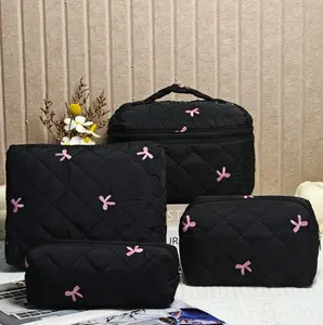 Women's Bow Embroidery Quilted Cosmetic Bag Set, Large Capacity, Lightweight Fluffy Filling Toiletry Bag for Back to School Room Supplies Travel Essentials Holiday Cosmetic Storage Bag Holiday Winter