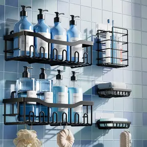 5-Piece Rust-Proof Stainless Steel Shower Rack Set - No-Drill Adhesive Bathroom Storage Rack, Space-Saving Shower Rack, Suitable for Apartment Essentials, Bathroom/Kitchen Storage Home Decor - Size L