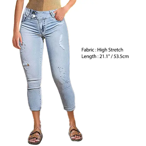 Flamingals Double Button Ripped Roll Hem Mid Waist Capri Jeans