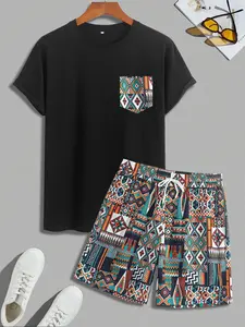 Men's Geometric Tropical Print Short Sleeve Tee & Shorts Two-Piece Set, Loose Casual Fashion Cozy Breathable Two Piece Outfits for Daily Outdoor Wear, Men Clothes for Summer