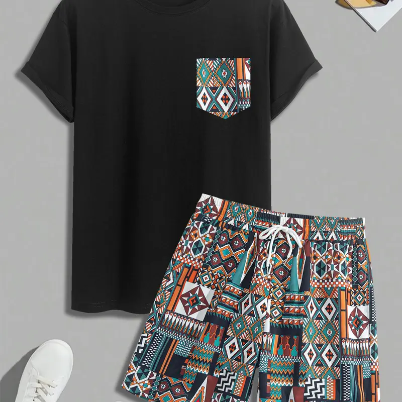 Men's Geometric Tropical Print Short Sleeve Round Neck Tee & Shorts Two-Piece Set, Loose Casual Fashion Cozy Breathable Two Piece Outfits for Daily Outdoor Wear, Men Clothes for Summer, Breathable Sport Set