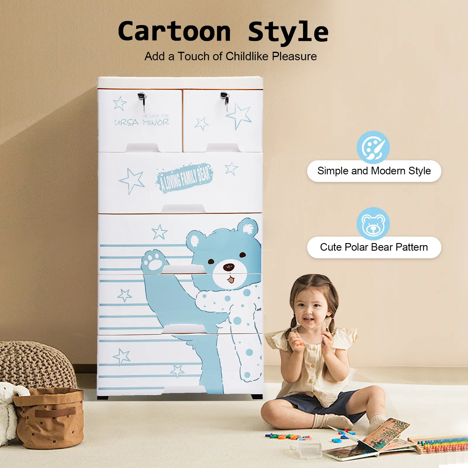 Plastic 5-Tier 6-Drawer Dresser with Cartoon Polar Bear Pattern, Food-Grade PP Drawers, 30kg/66lbs Capacity, Anti-Tip Design, 4*Footbeds, 50*35*102cm, 6.8kg/14.99lbs, Kids Room Nursery Home Organization Storage Holder, Nursery Organization, Cartoon Style