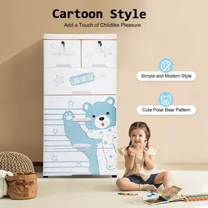 6-Drawer 5-Tier Plastic Dresser with Cartoon Polar Bear Pattern, Food-Grade PP Storage Drawers, 66 lbs Capacity Anti-Tip Design for Bedroom Nursery Kids Room Closet Organization