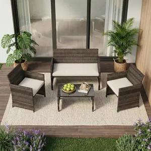 4-Piece Patio Bar Set - All-Weather Rattan Outdoor Conversation Furniture - Cushioned Chairs & Bar Table - Perfect for Backyard, Garden, or Porch - Brown Gradient Wicker with Beige Cushions