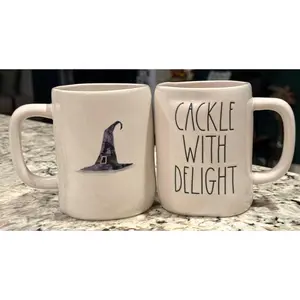 New Rae Dunn white ceramic Halloween coffee mug CACKLE WITH DELIGHT