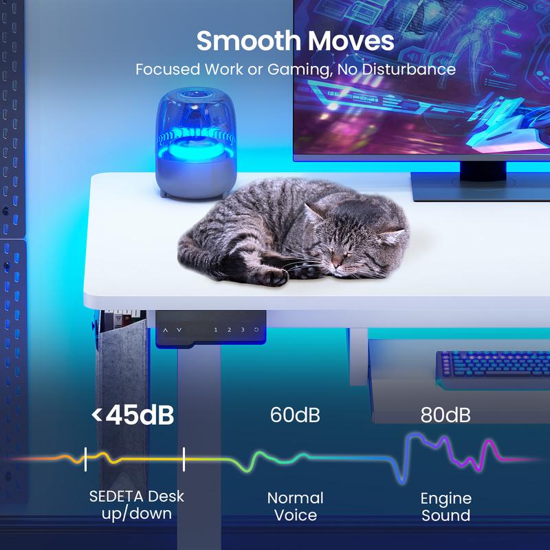 SEDETA 63 Inch Height Adjustable L Shaped Electric Standing Desk Computer Gaming Desk with Led Lights 3 Drawers Power Outlet