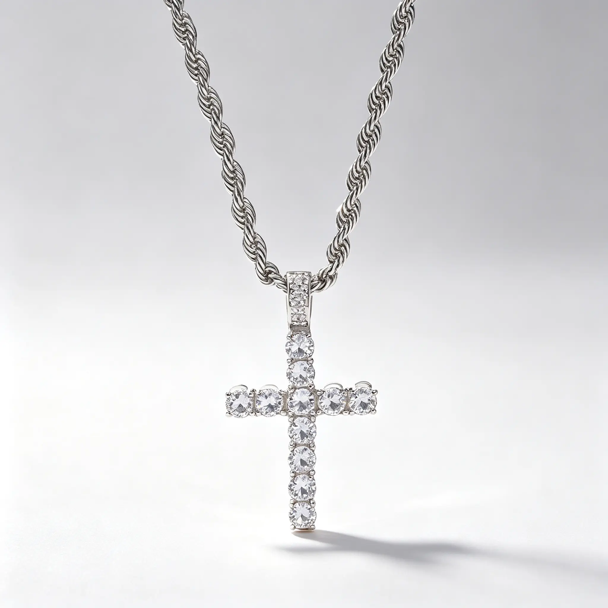 Unisex Stainless Steel Jewelry - Crystal Embellished Hip Hop Cross Pendant Necklace, 60cm Silver Twist Rope Chain, Casual Layering Fashion Necklace