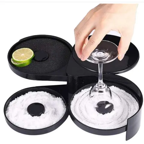 Durable 3-Tier Bar Glass Rimmer Set - Sturdy Reusable Bartender Utensils with 3 Swing-Out Labeled Trays, Food-Safe Plastic Salt/Sugar/Lime Container, Sponge, Juicing Sponge, Separation Design for Home Bars, Hotels, Parties & Effortless Cocktail Prep
