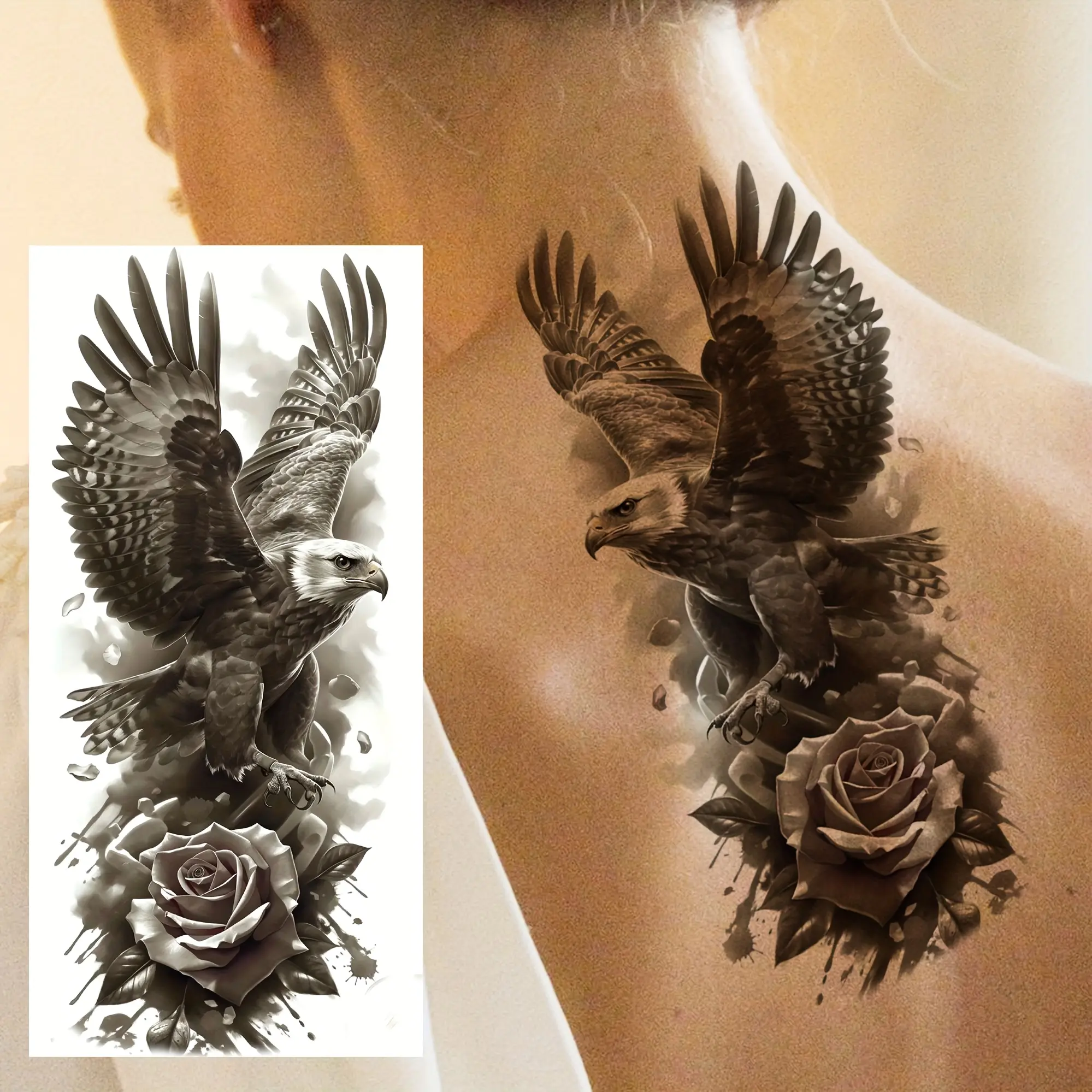 Fashion Sports Care Temporary Eagle Rose Tattoos for Adults - 6 Stickers (3 Fixed Designs, 3 Random), Stocking Stuffers, Can Be Applied on Face, Thigh, Forearm, Calf or Any Body Part, Care Temporary Tattoos