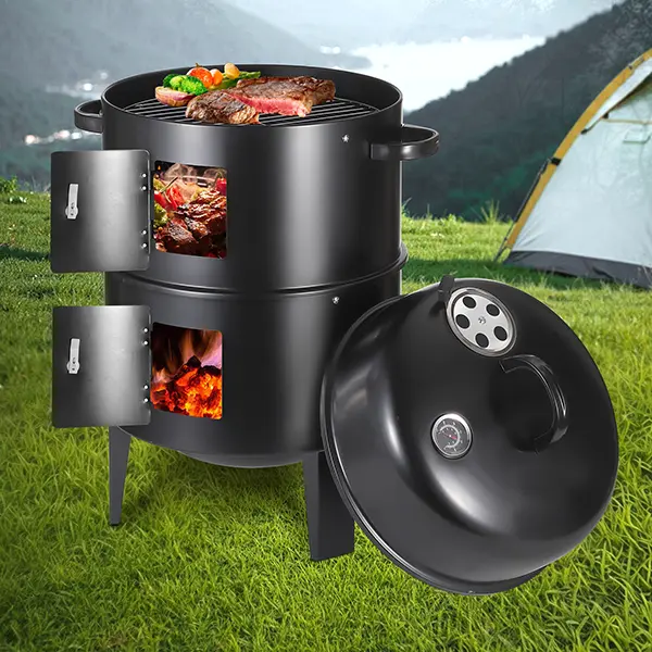 Flaryth 17-Inch Iron Vertical Charcoal Barbecue Smoker Grill - Portable Outdoor Cooking Equipment, Smokeless, Double Multi-Level Grills, Thermometer, Air Vent, 2 Access Doors, Lightweight 3-in-1 Design, Assembly Guide, 20-Minute Assembly