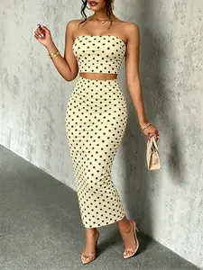 Women's Summer Casual Chic Polka Dots Pleated Strapless Top and Knee-Length Skirt Set, Fitted Two-Piece for All Seasons