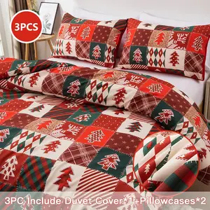 3pcs Plaid Christmas Tree Bedding Set, Soft Comfortable Ultrafine Fiber, 3-Piece (1 Fitted Sheet + 2 Pillowcases)