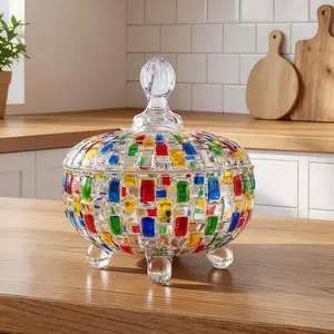 Glass Candy Dish with Lid, Vintage Colorful Crystal Candy Bowl, Decorative Embossed Storage Jar Container for Office Desk Home Kitchen, Covered Dish for Chocolates Dessert Jewelry outdoorfun