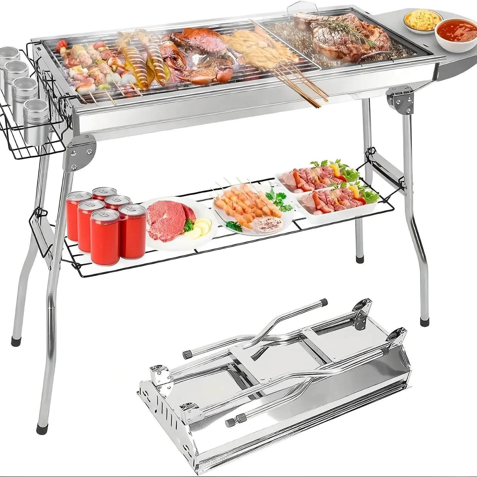 Portable Stainless Steel Folding Charcoal Grill with Side Tables, Storage Basket, and BBQ Tool Set, Includes Forks, Tongs, Shovel, for Outdoor Cooking, Camping, Backyard