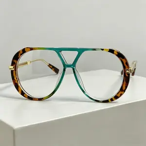 Retro Aviator Clear Glasses | Teal & Tortoiseshell Gradient Frame, Gold Metal Temples, Unique Triangle Cutout, Anti-Blue Light, Unisex Stylish Eyewear for Daily & Streetwear