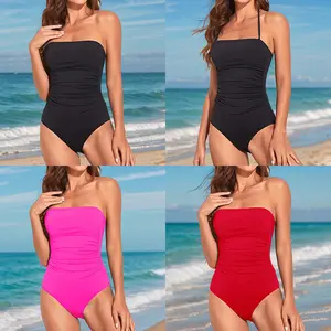 Women Elegant Tummy Control One Piece Swimsuits Strapless Bandeau Full Coverage Bathing Suits Slimming Halter Swimwear Swimming Clothing   ﻿