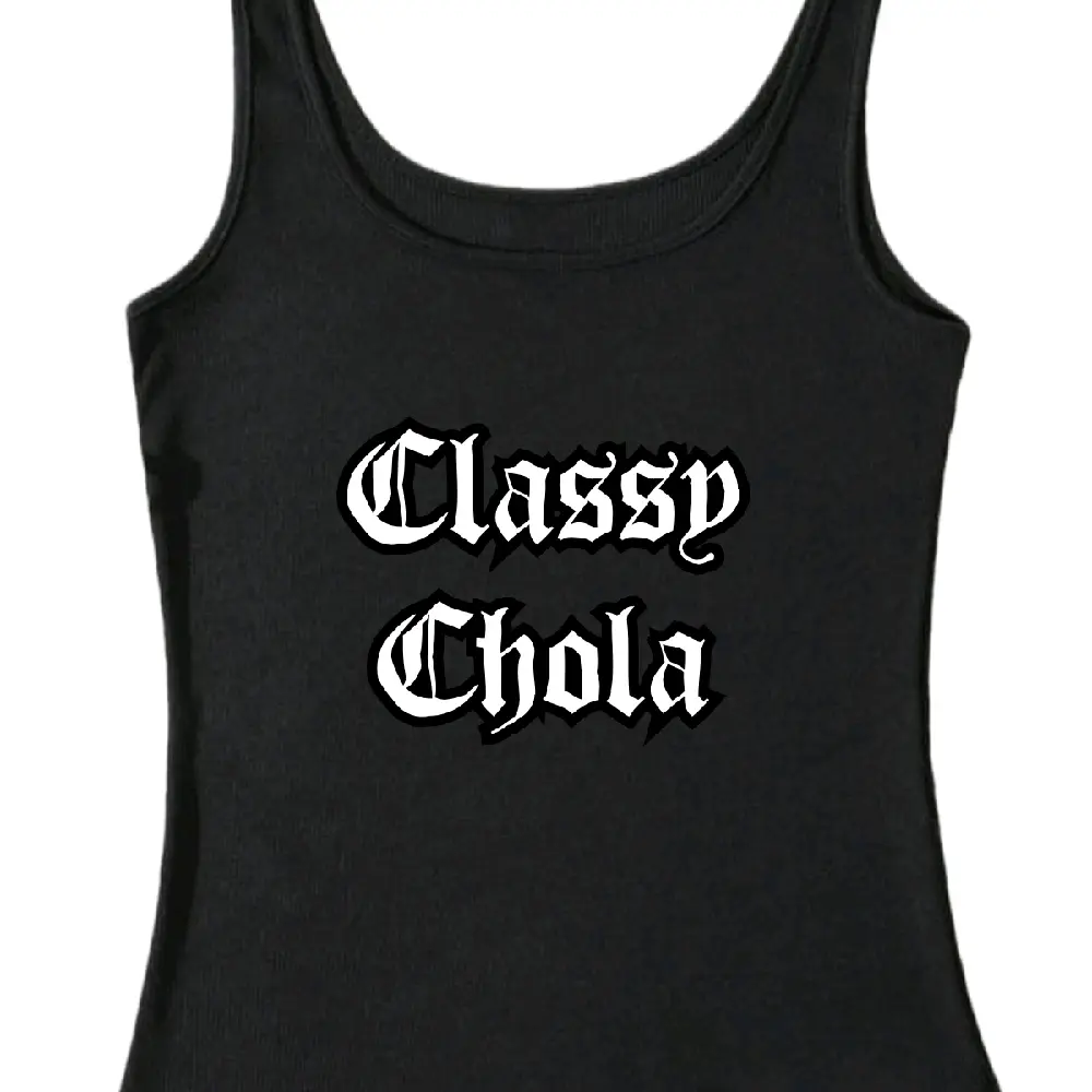 Classy Chola Clothing and Tote Bags - Black Tank Top with Bold Text Design