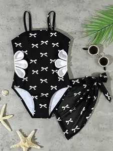 Girls' Bow Print One-Piece Swimsuit with Matching Skirt, Fashion Casual Two-Piece Set, Bow Swimwear, Summer Vacation, Swimsuit Sets