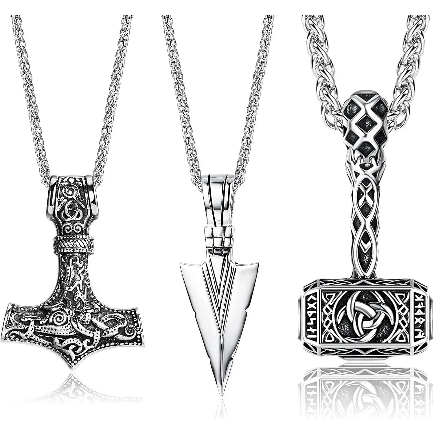 Jstyle 3count Men's Necklace Viking Stainless Steel Thor Hammer Triangle Spearpoint Arrowhead Mjolnir Pendant Chain Necklace Talisman Necklace Vintage