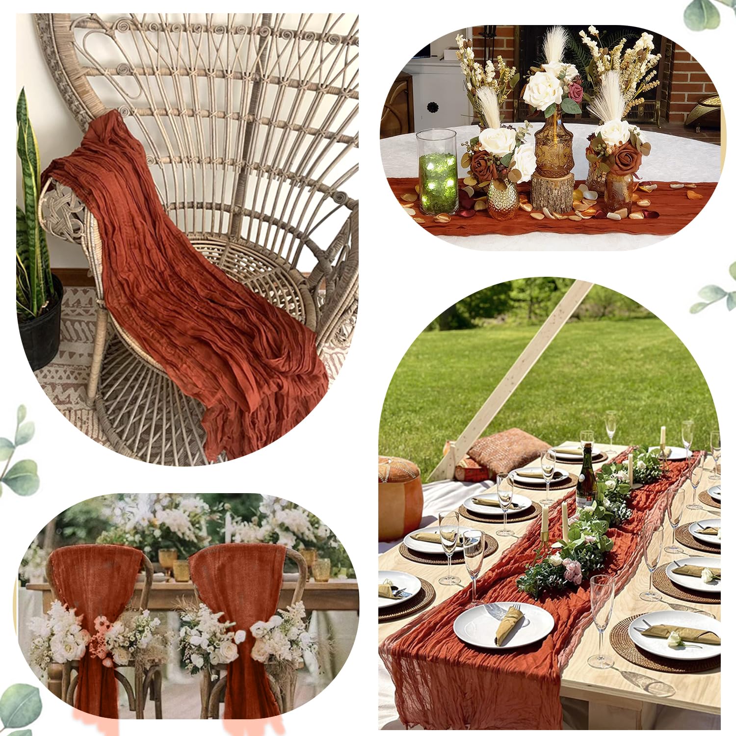 Bohemian style pleated gauze table runner with a French country vintage semi sheer design suitable for home decor wedding parties and holiday gatherings