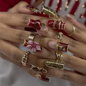Julina Beauty | Burgundy 3D Cherry & Gold Jewelry Long Square Press On Nails | Luxury Maximalist Tortoiseshell And Floral Fake Nails | XL Vintage Glam Art