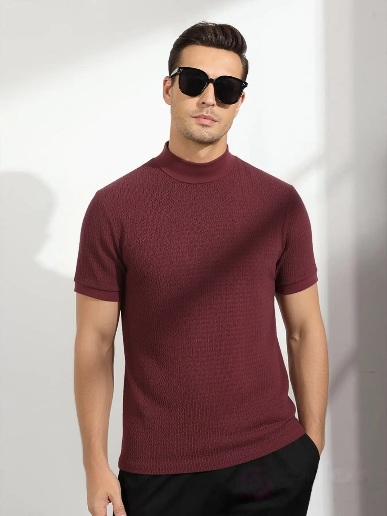 Trendy Men's Half Turtleneck Short Sleeve Top | Textured Rib Knit Fabric | Slim Fit Cut | Versatile for Casual, Business & Fashion Looks | Durable Stitching for