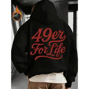 Men's 49er for Life Logo Hooded Sweatshirt - Fan Apparel with Red & White Lettering, Warm Kangaroo Pocket Hoodie, Casual Winter Pullover for Events & Casual Attire (Machine Washable)