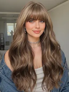24 Inch Long Wavy Wig with Bangs, Synthetic Fiber Hair, Natural Look, Easy to Maintain, Suitable for All Ages