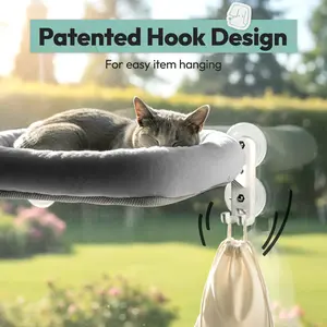 POMESEA Large Cat Window Seat Hammock for Indoor Cats, Cordless Design with Soft Gray Cushion Pad and Heavy Duty Metal Frame, Includes 6 Suction Cups with 2 Bonus