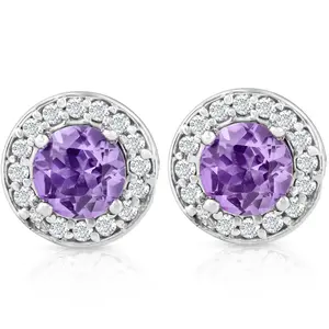 5/8ct Halo Diamond Amethyst Studs 14K White Gold