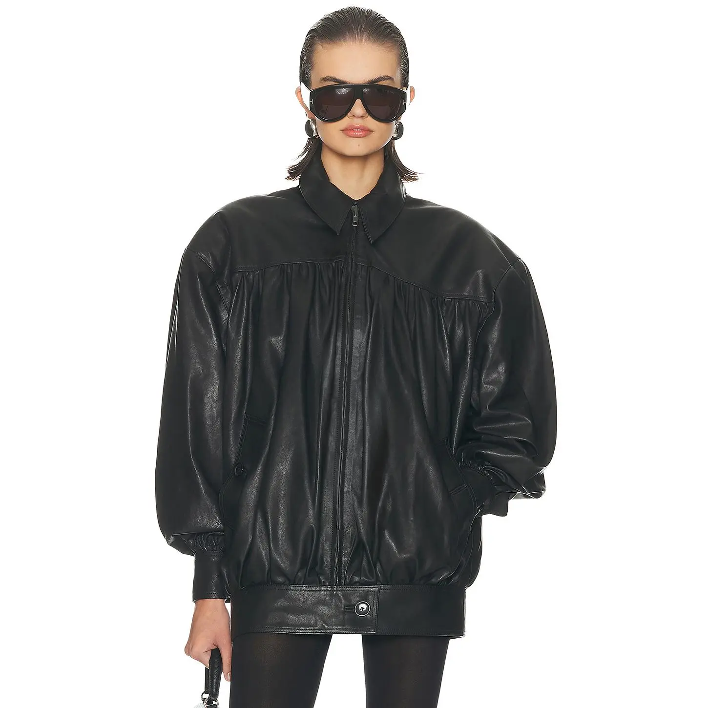 Helsa The Shirred Oversized Leather Jacket in Black Helsa The Shirred Oversized Leather Jacket in Black