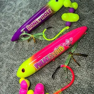 HoneyHole & Freakazoid 2 Pack:  HoneyHole (13cm) pre-tied on 6/0 yellow fluorescent hook and 100 pound yellow mono leader line, and Freakazoid (13cm) pre-tied on 8/0 pink fluorescent hook on 100 pound yellow mono leader line