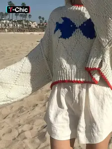 Women's Fish Pattern Long Sleeve Loose Pullover Sweater, Soft & Cozy Knitwear for Fall Winter, Casual Elegant Everyday Daily Wear Top