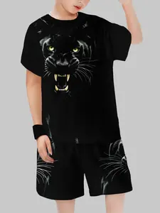 Boys' Summer Wild Style Set, Clothes Kids, Leopard Beast Print, Breathable Quick-Dry, Casual Fitted Suit, Natural Waist Track Shorts