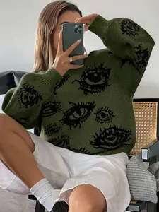 Unisex Vintage Eyeglasses Graphic Sweater, Loose Round Neck Long Sleeve Casual Olive Knitwear, Fall & Winter Warm Wear