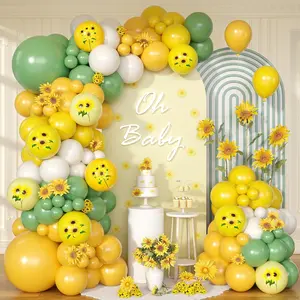 Sunflower Balloon Arch Kit, Yellow Sage Green White Party Balloons Garland with Sunflower Print Balloons for Kids Birthday Baby Shower Sunshine Sunflower Bee Themed Wedding Party Decor
