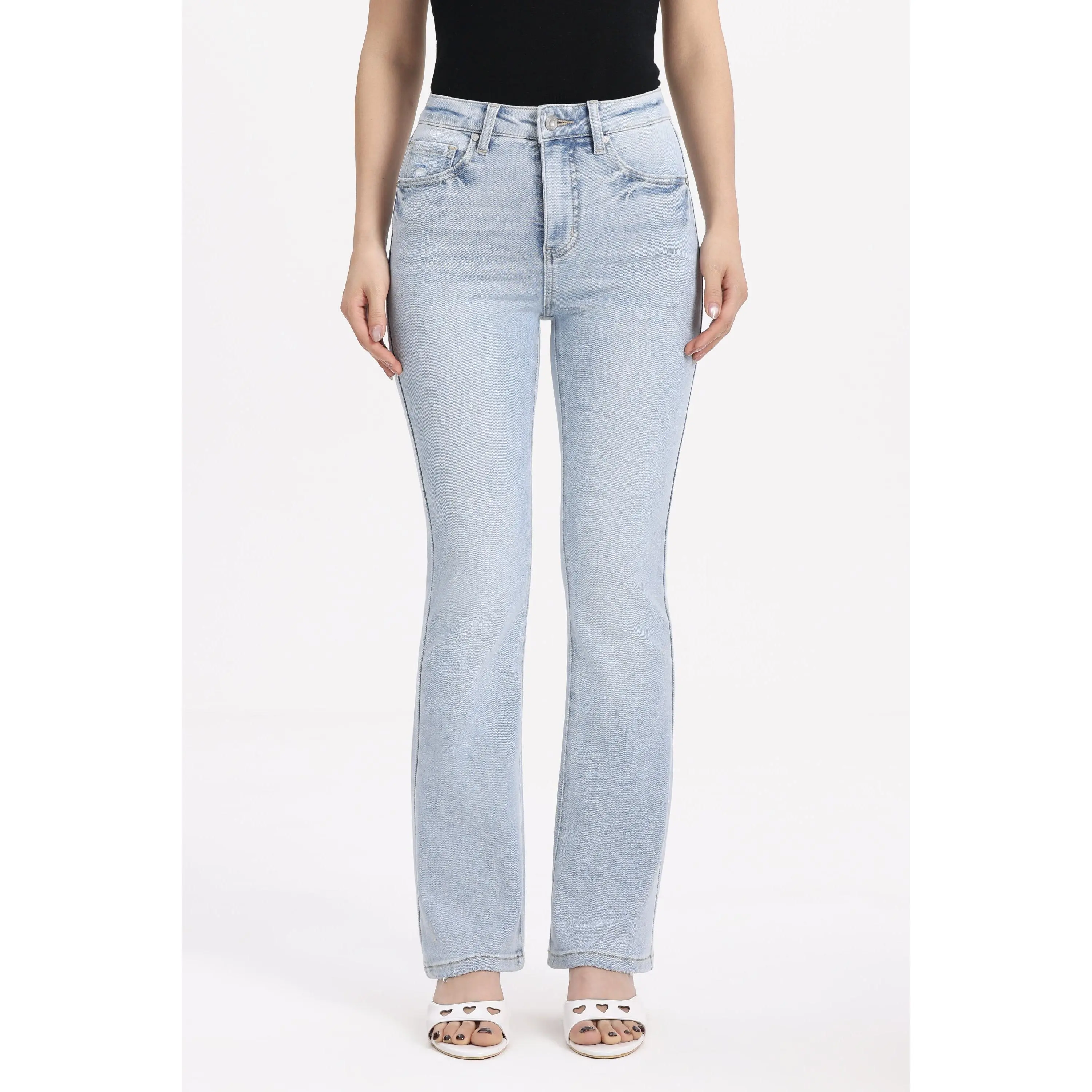 ONESO Women's Light Blue Washed Denim Bootcut Denim Jeans High Rise Bootcut Silhouette Distressed Wash Vintage Inspired Weekend Wear Stretch Fabric Texture Edit Modern Casual Styling