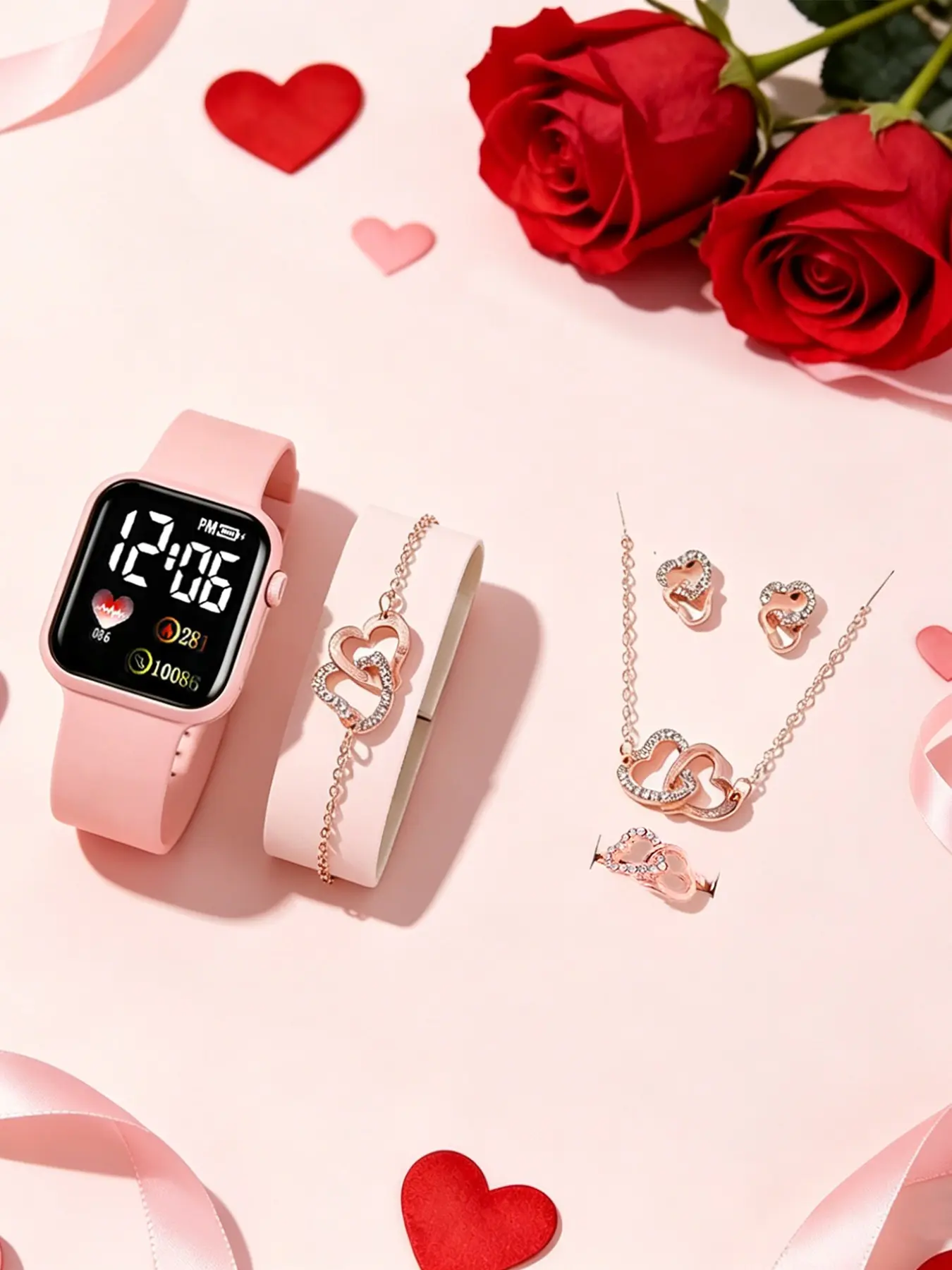 Elegant Watch &, Fashionable Silicone Square Dial Watch & Bracelet & Necklace & Ring & Earrings, Trendy Watch Gift Set for Women, Jewelry Watch Set