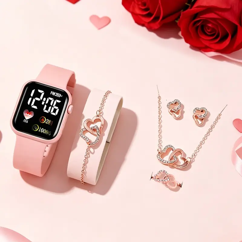 Elegant Watch &, Fashionable Silicone Square Dial Watch & Bracelet & Necklace & Ring & Earrings, Trendy Watch Gift Set for Women, Jewelry Watch Set