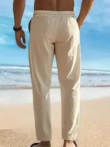 Men's Lightweight Linen Casual Sport Straight Leg Pants, Loose Casual Style, Casual Solid Drawstring, Breathable Elastic Waist Drawstring, Fashionable Spring Summer Fall Long Pants