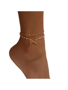 Elegant Pearl Bow Beaded Anklet, Boho Style Double Layer Foot Jewelry, Summer Beach Vacation Accessory for Women, Fashionable Anklet, Dainty Layered Anklet