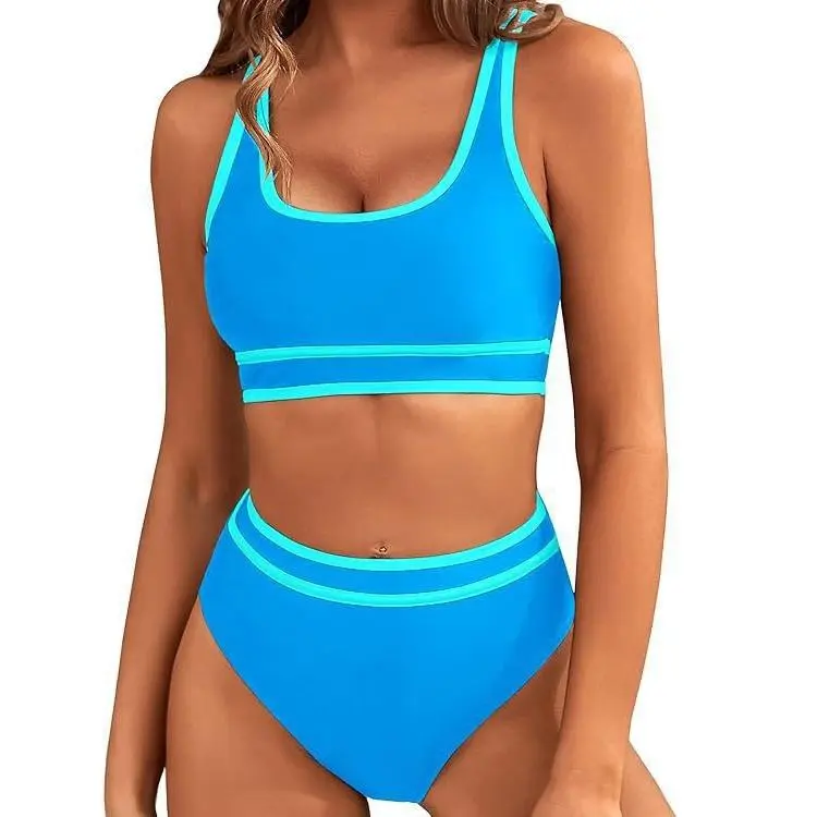 Women's quick-dry tight sexy high-waisted two-piece bikini set, sporty two-piece swimsuit, color-block backless high-cut swimwear.