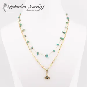 Emerald Chip Necklace with Stacked 14k Gold Plated Paperclip Chain – 16 inch + 2 inch Extension